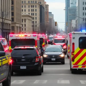 Emergency response teams at the scene of a bomb threat in Flint, Michigan