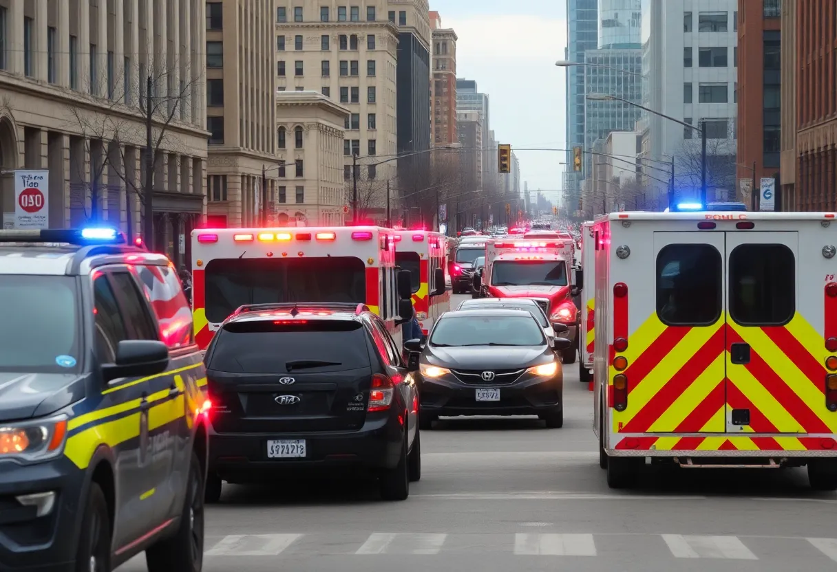 Emergency response teams at the scene of a bomb threat in Flint, Michigan