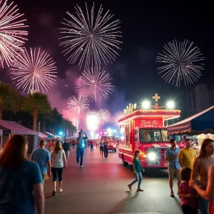 Families celebrating Fourth of July in Metro Detroit with fireworks and food stalls.