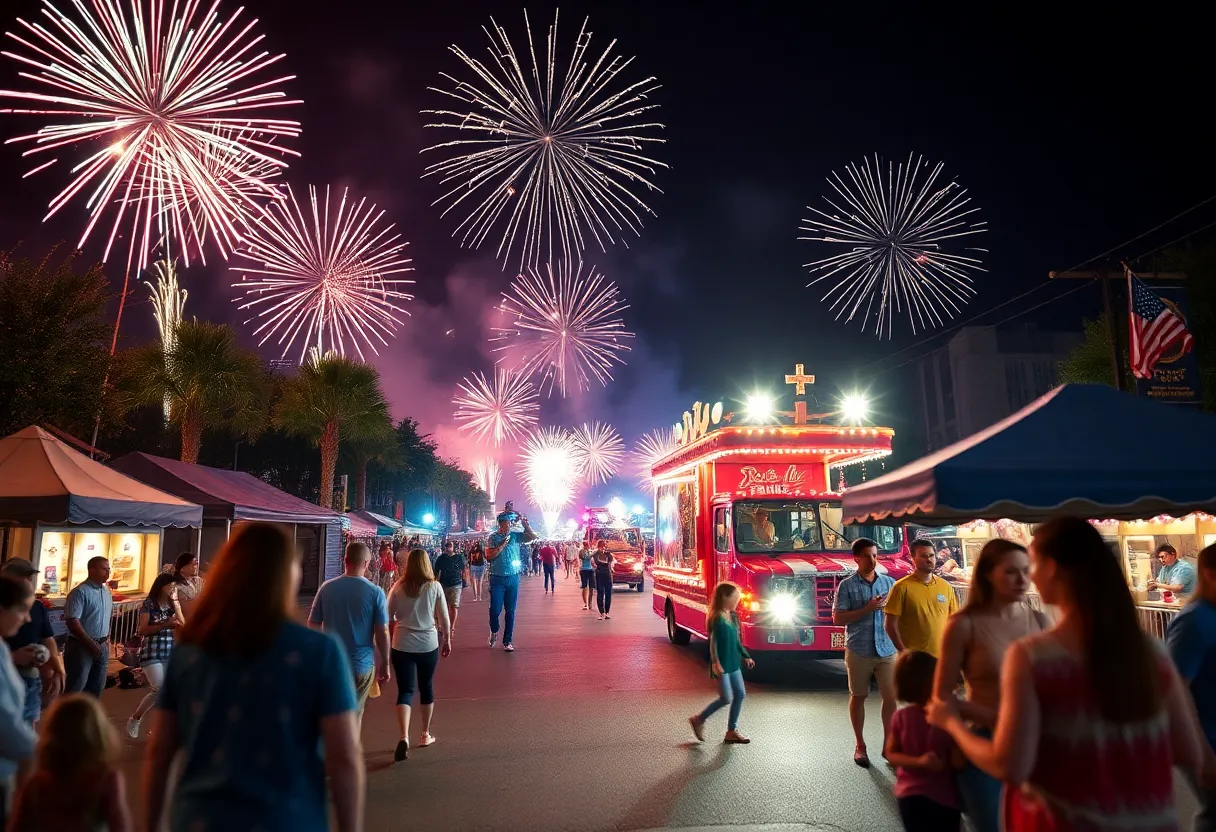 Families celebrating Fourth of July in Metro Detroit with fireworks and food stalls.