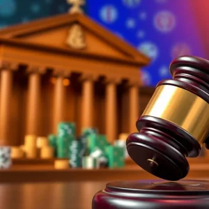 Courtroom with gavel and gaming symbols