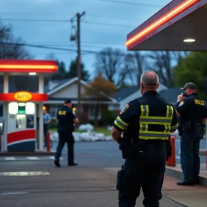 Gas station with a police presence in a local neighborhood