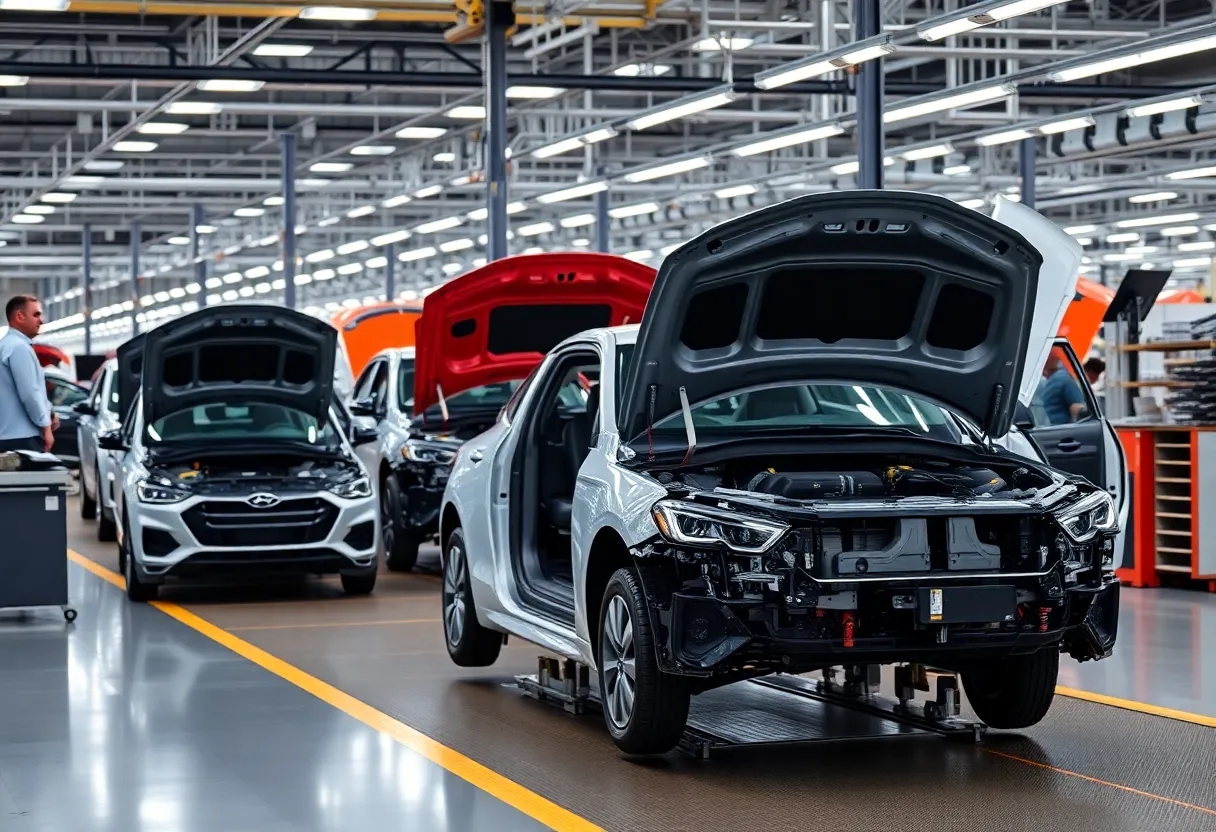 Manufacturing plant of General Motors with vehicles being assembled