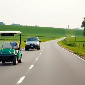 Rural road emphasizing golf cart safety