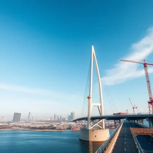 Construction of the Gordie Howe International Bridge with cranes
