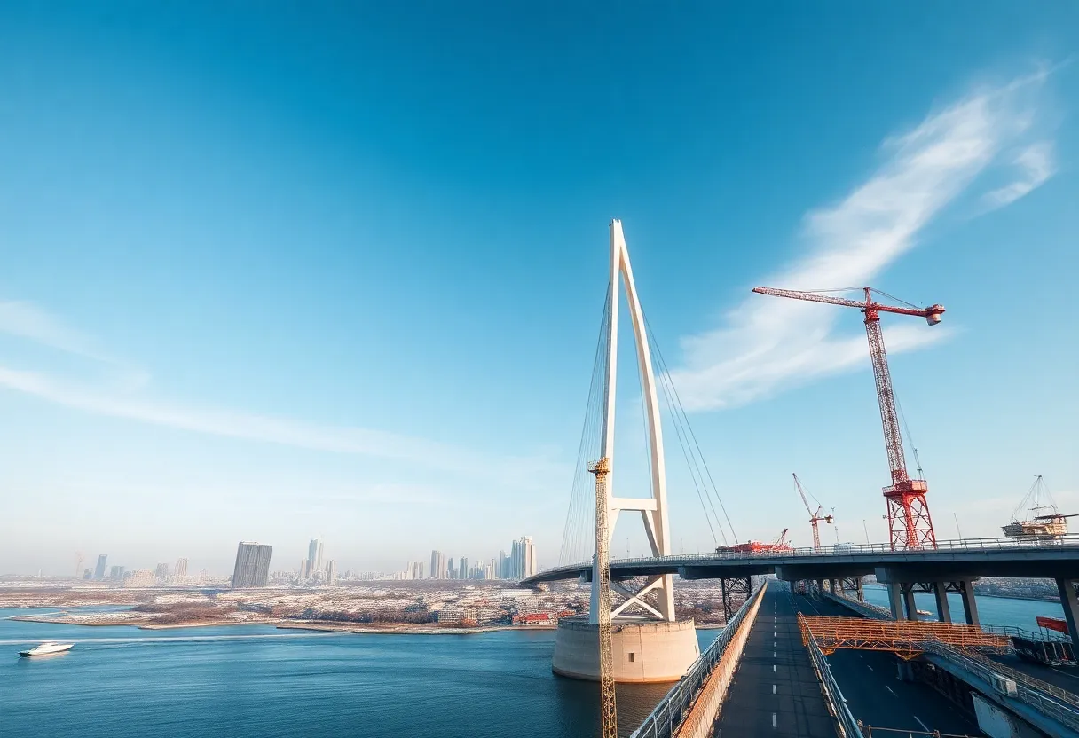 Construction of the Gordie Howe International Bridge with cranes