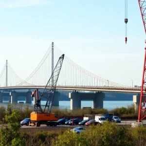 Tower crane dismantling at Gordie Howe International Bridge construction site