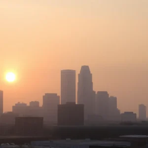 Hazy skyline of Detroit during a hot summer evening.