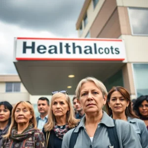 Diverse group of people concerned about healthcare costs outside a hospital.