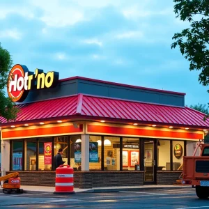 Construction of Hot 'n Now fast-food restaurant in Wayland, Michigan