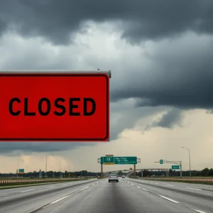 I-75 closed sign with stormy weather above