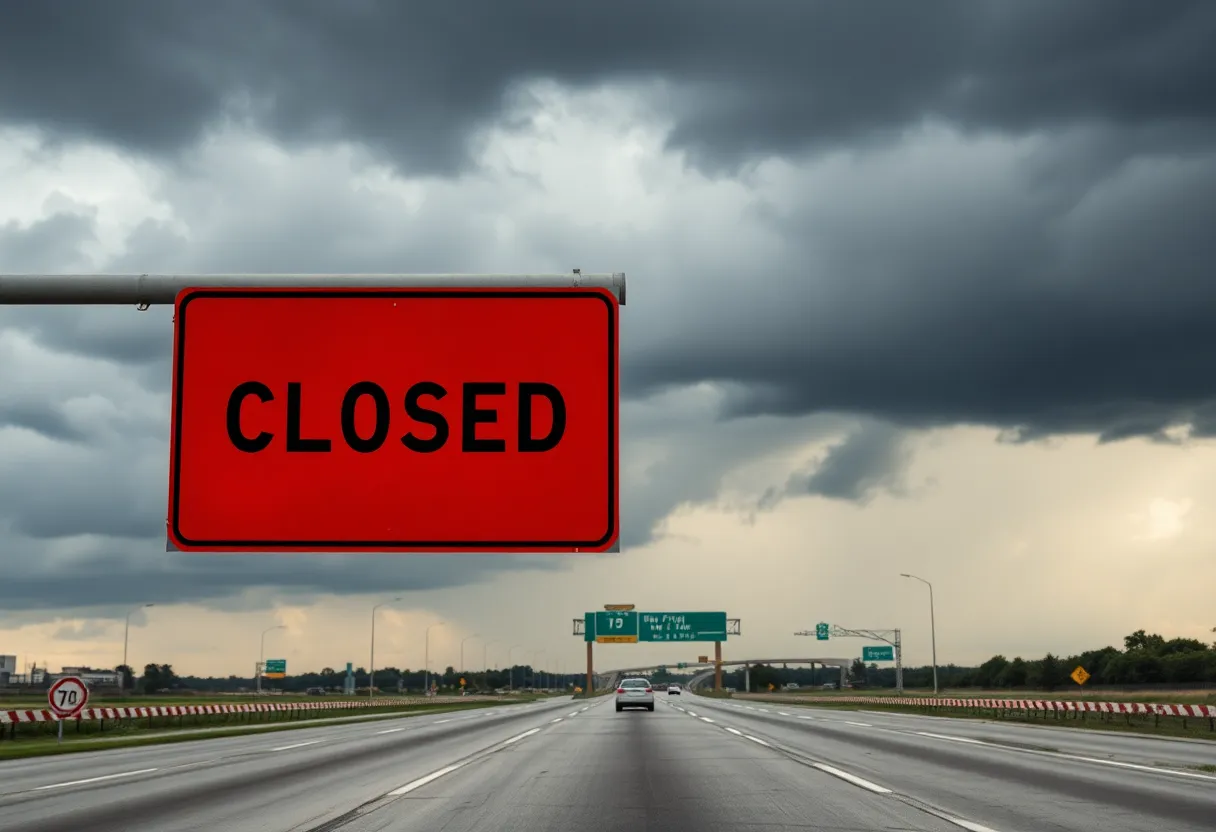 I-75 closed sign with stormy weather above