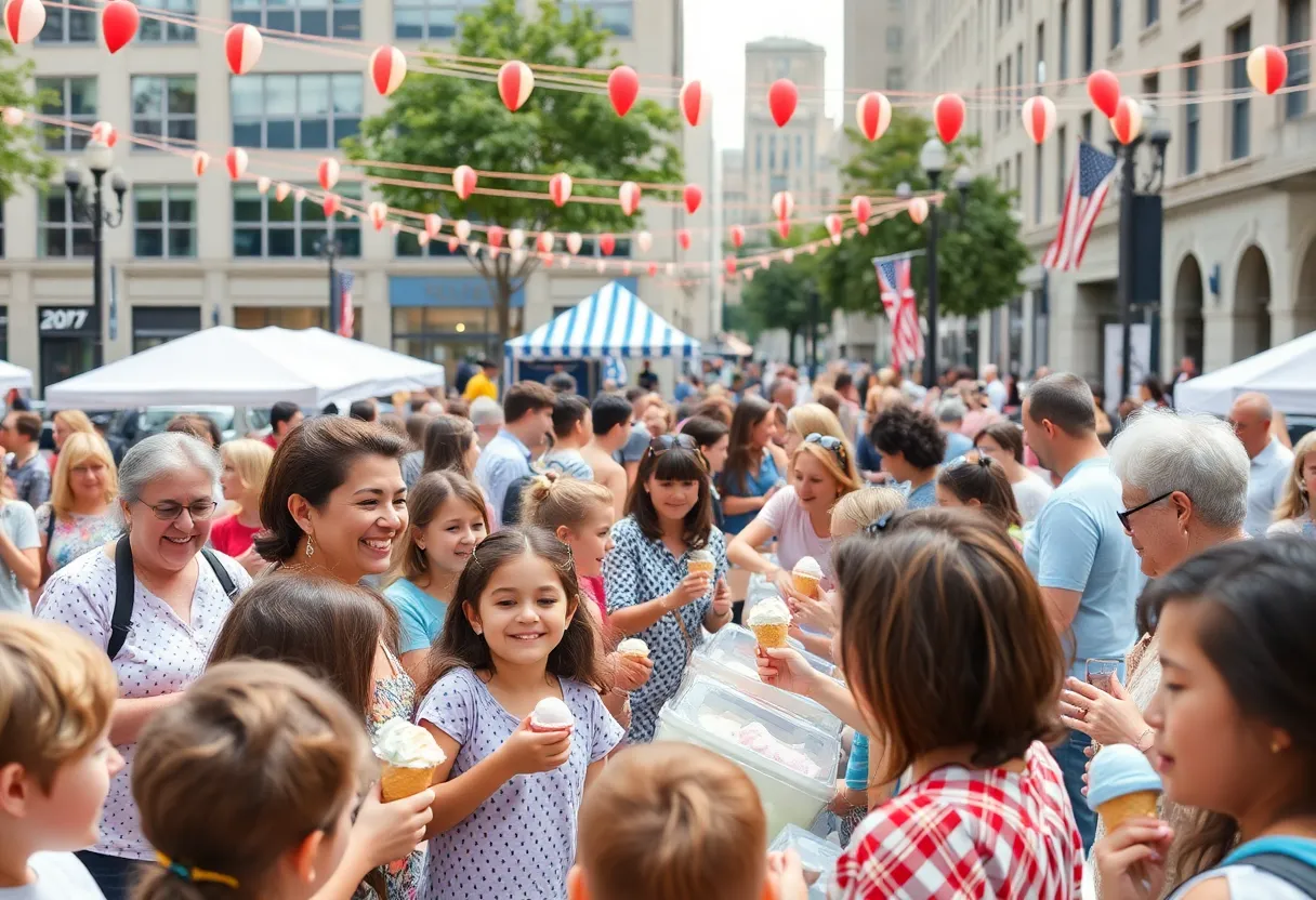 Community members enjoying ice cream at the 10,000 Scoop Challenge in Downtown Detroit.