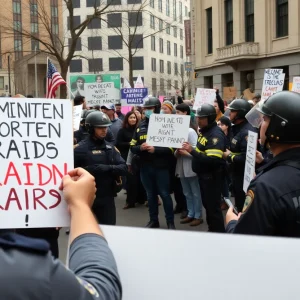 Crowd protesting against ICE in Detroit with law enforcement in the background.