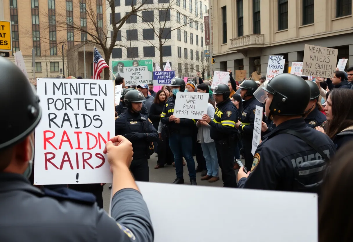 Crowd protesting against ICE in Detroit with law enforcement in the background.