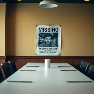 A table set for a meeting at a restaurant with a missing person poster in the background