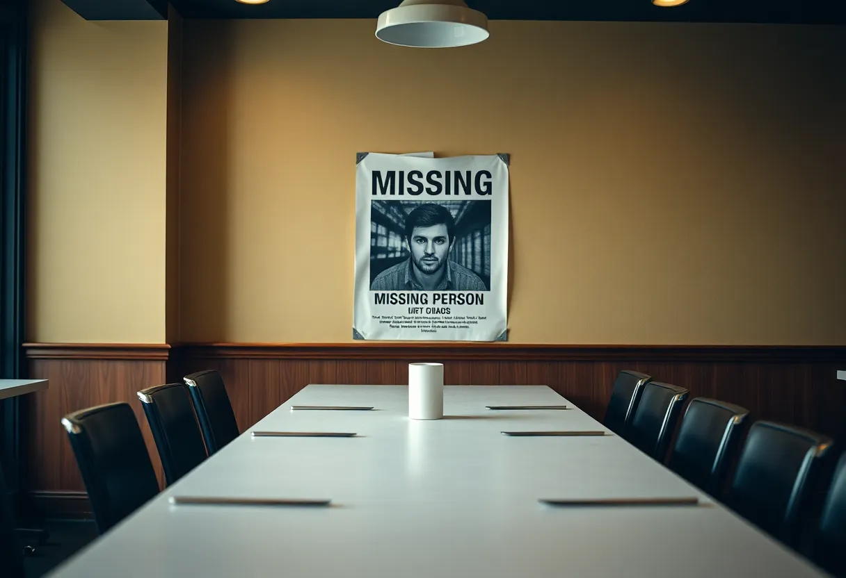 A table set for a meeting at a restaurant with a missing person poster in the background