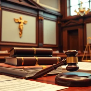 Courtroom with legal documents representing wrongful conviction.