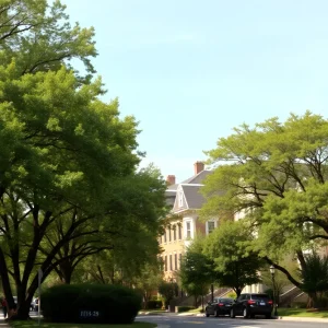 View of Lafayette Park showing trees and townhouses