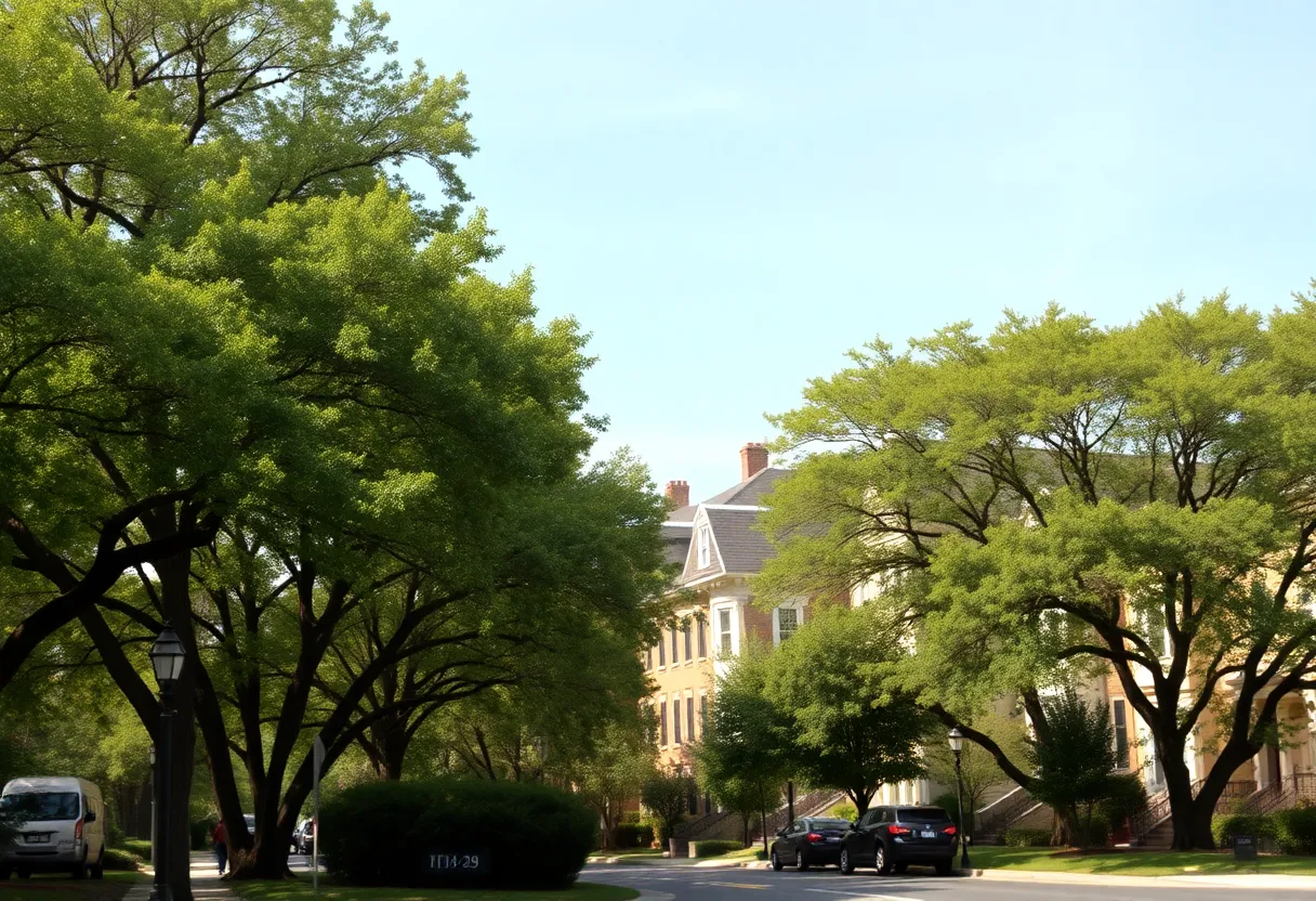 View of Lafayette Park showing trees and townhouses
