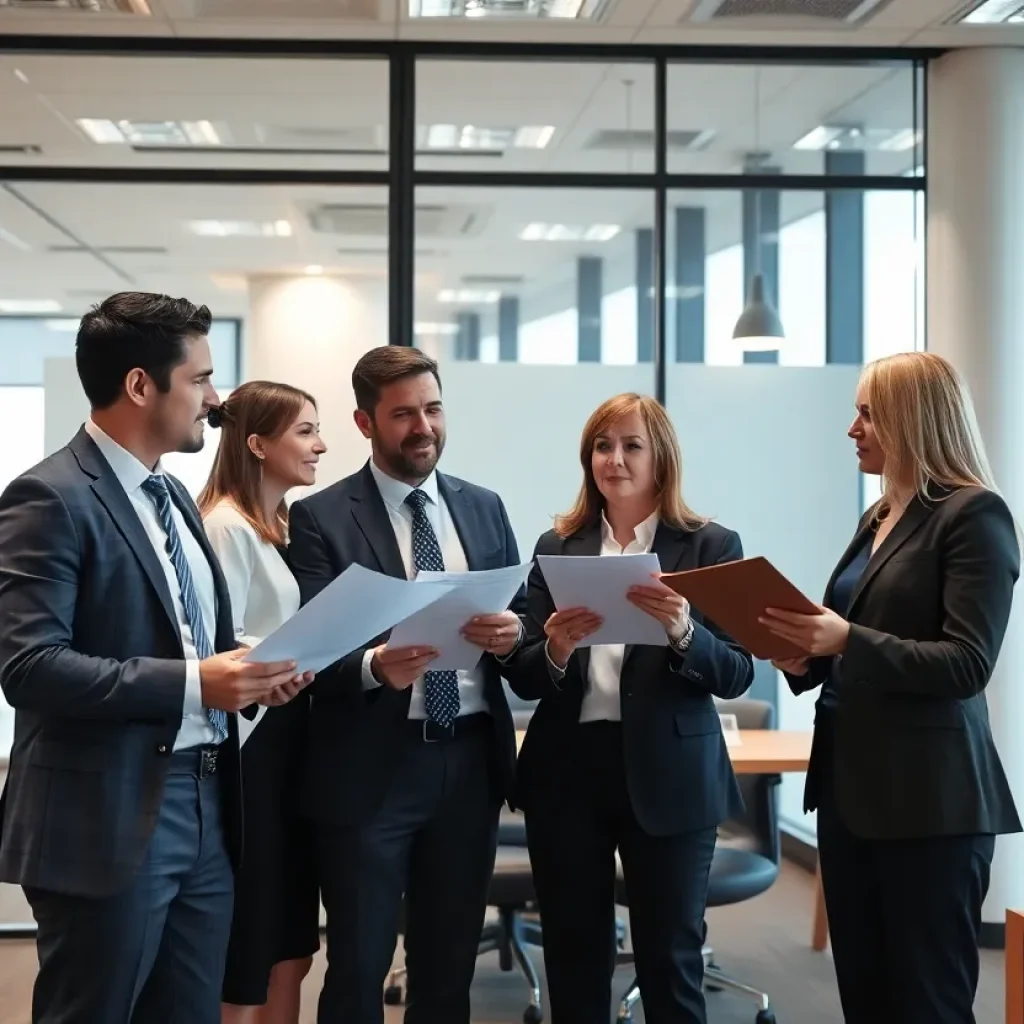 Team of attorneys discussing legal strategies in a modern office setting