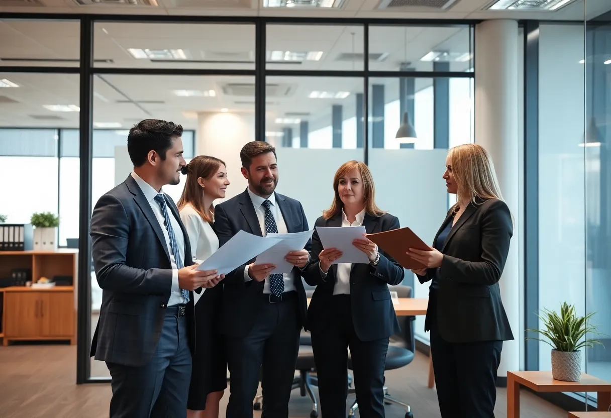 Team of attorneys discussing legal strategies in a modern office setting