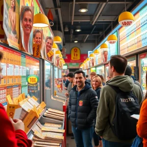 Vibrant lottery ticket store with excited customers.