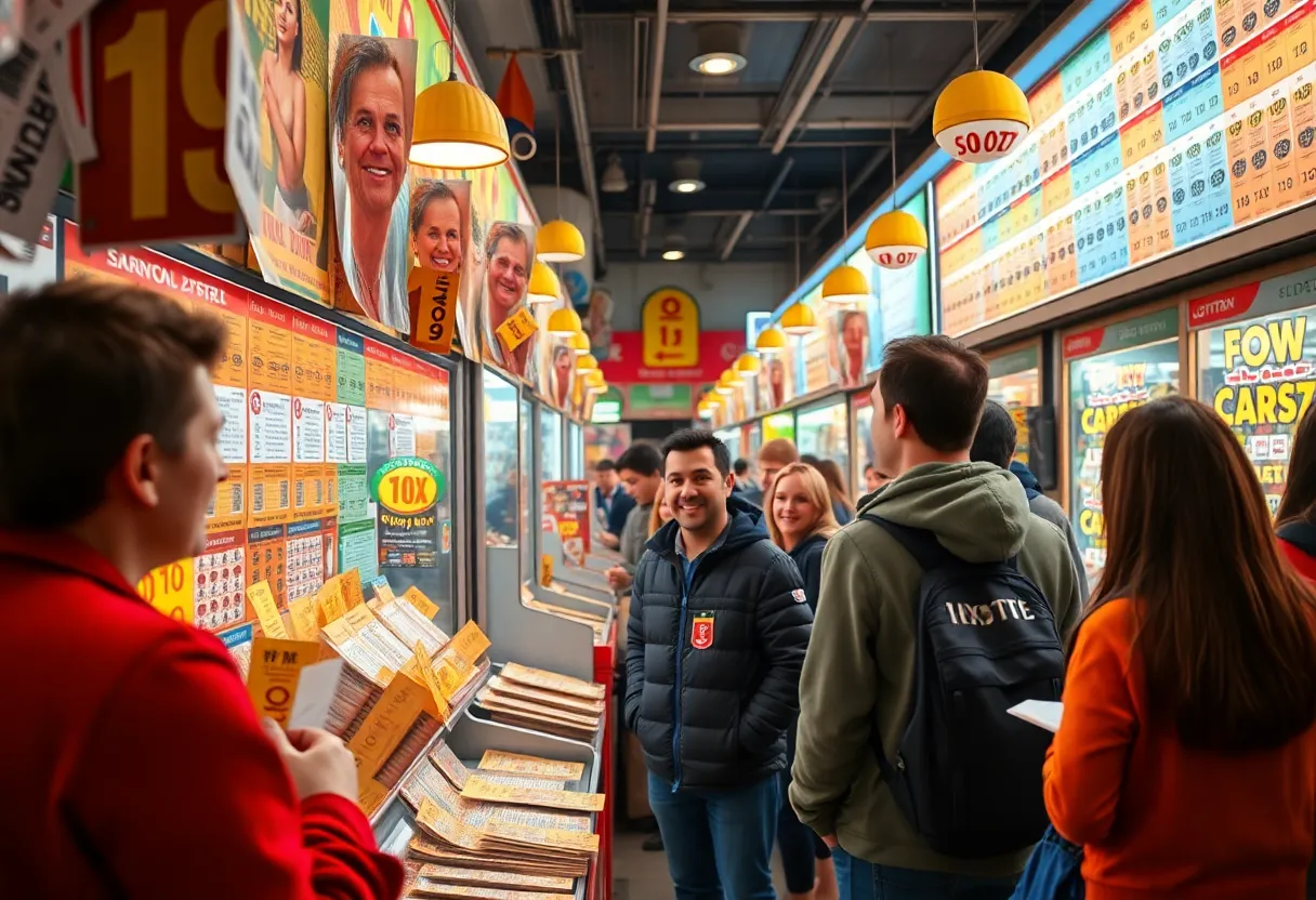 Vibrant lottery ticket store with excited customers.