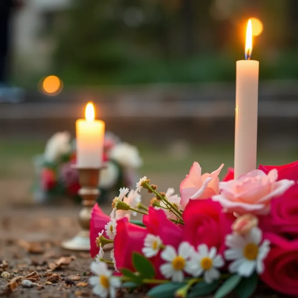 Candle and flowers in tribute to a legal leader