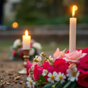 Candle and flowers in tribute to a legal leader