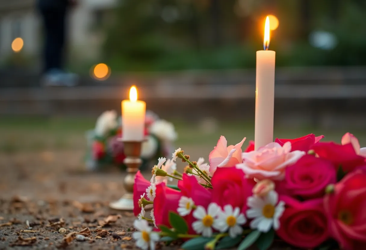 Candle and flowers in tribute to a legal leader