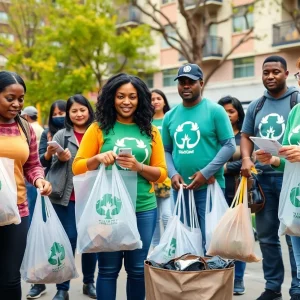 Community members participating in the Plastic Free Challenge holding reusable bags.