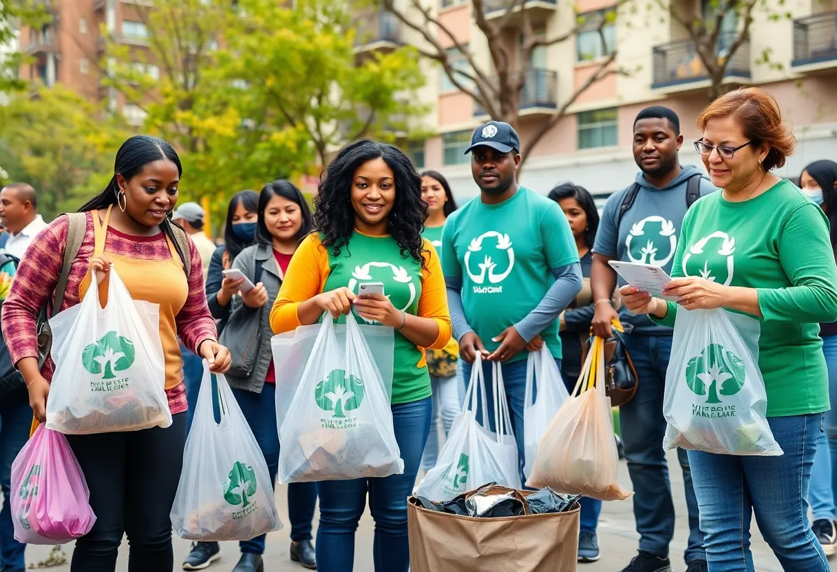 Community members participating in the Plastic Free Challenge holding reusable bags.