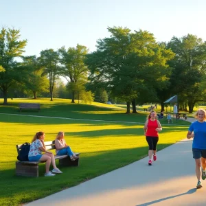 Clear summer morning in a Metro Detroit park with people enjoying outdoor activities.