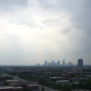 Hazy skyline of Metro Detroit under storm clouds