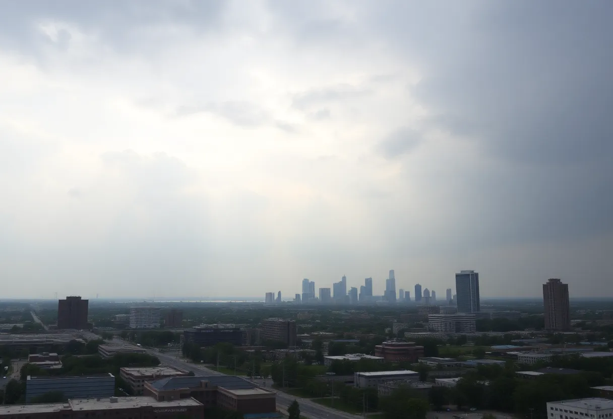 Hazy skyline of Metro Detroit under storm clouds