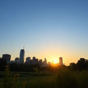 Clear summer evening sky over Metro Detroit skyline