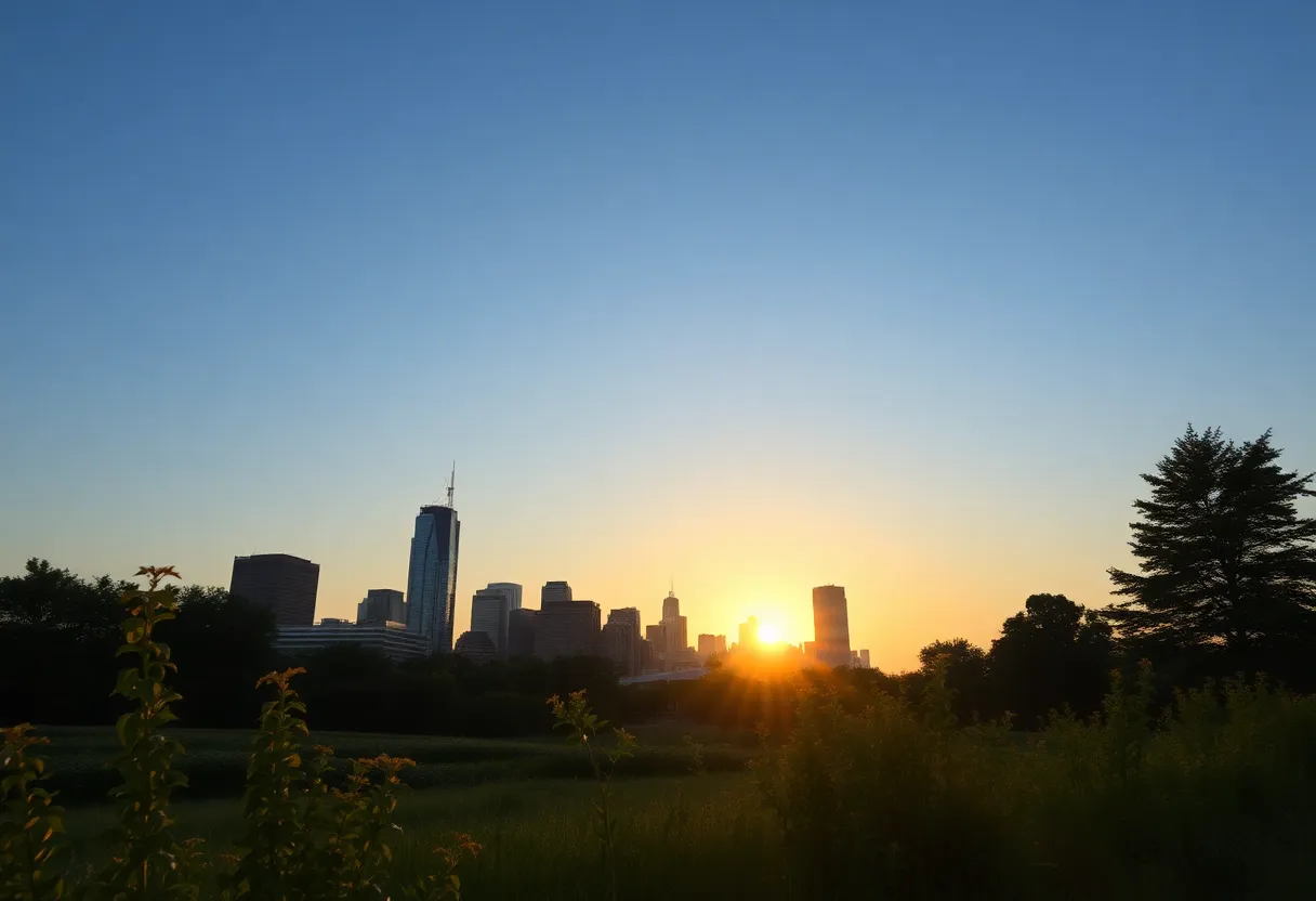 Clear summer evening sky over Metro Detroit skyline