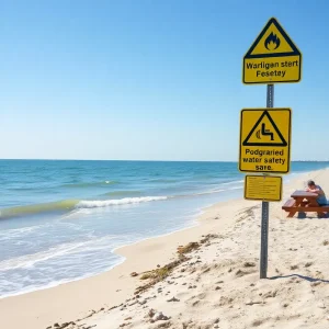 Warning sign at Michigan beach about high bacteria levels