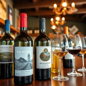A cozy tasting room displaying a variety of Michigan wines on shelves