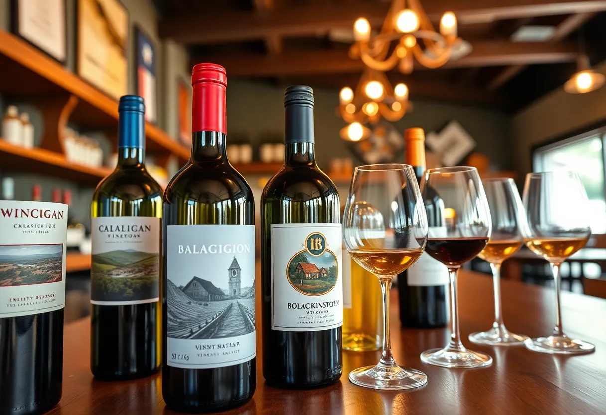 A cozy tasting room displaying a variety of Michigan wines on shelves