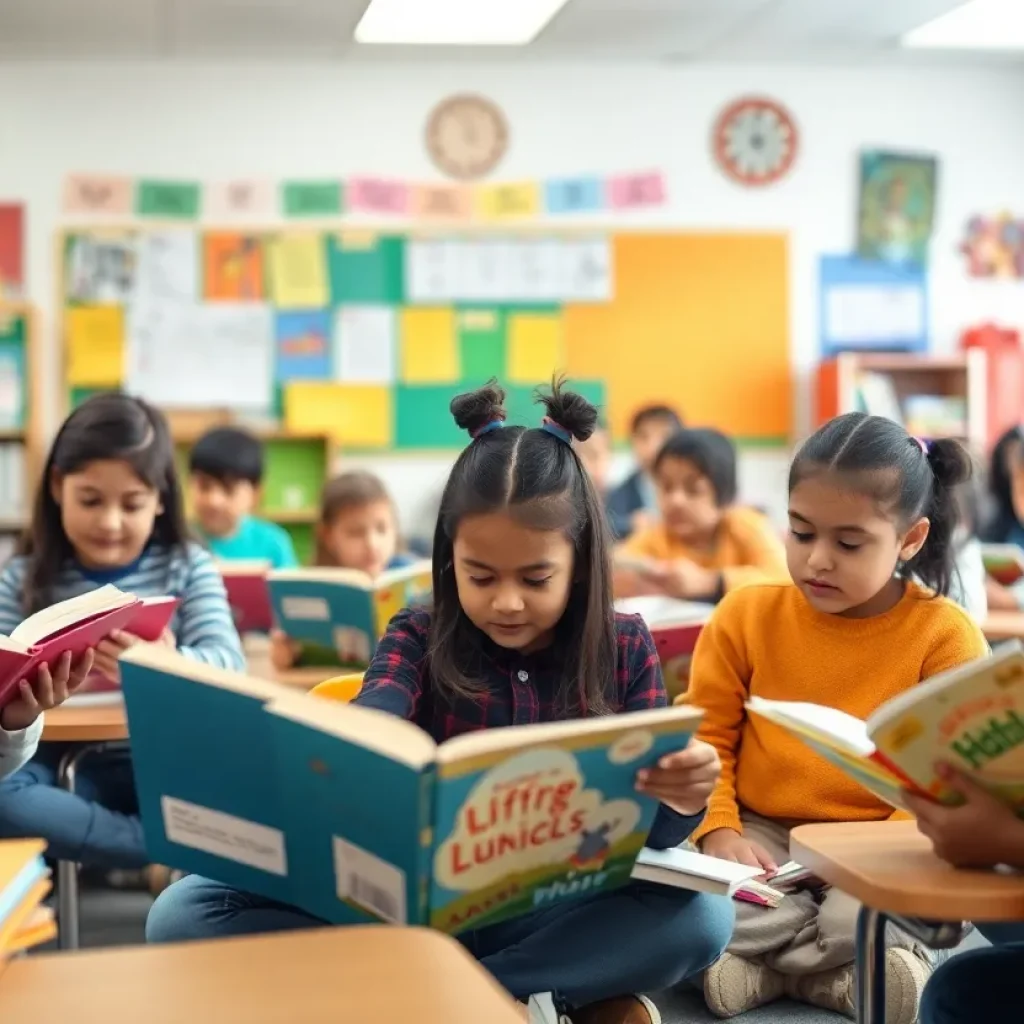 Children engaged in reading activities in a classroom setting