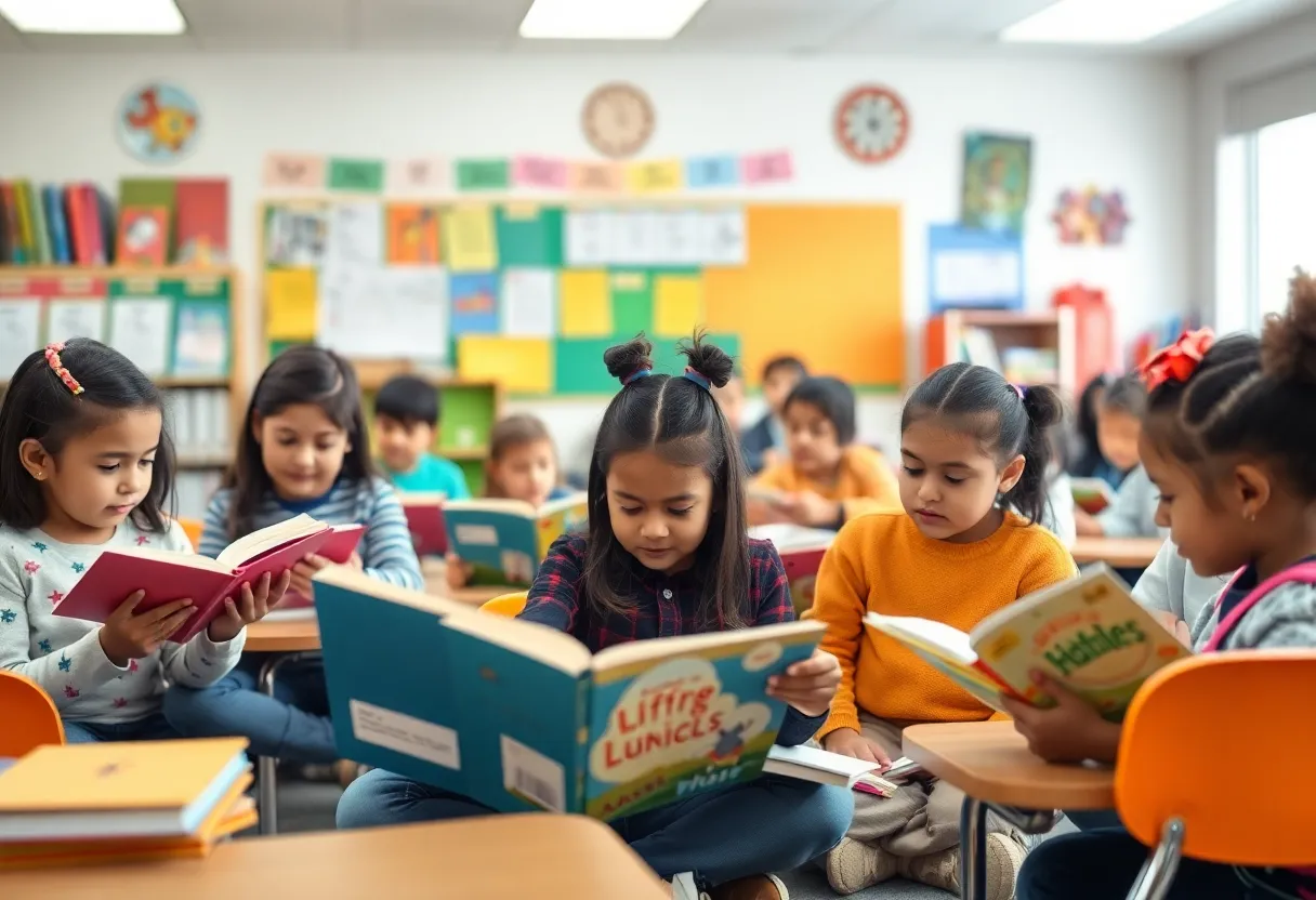 Children engaged in reading activities in a classroom setting