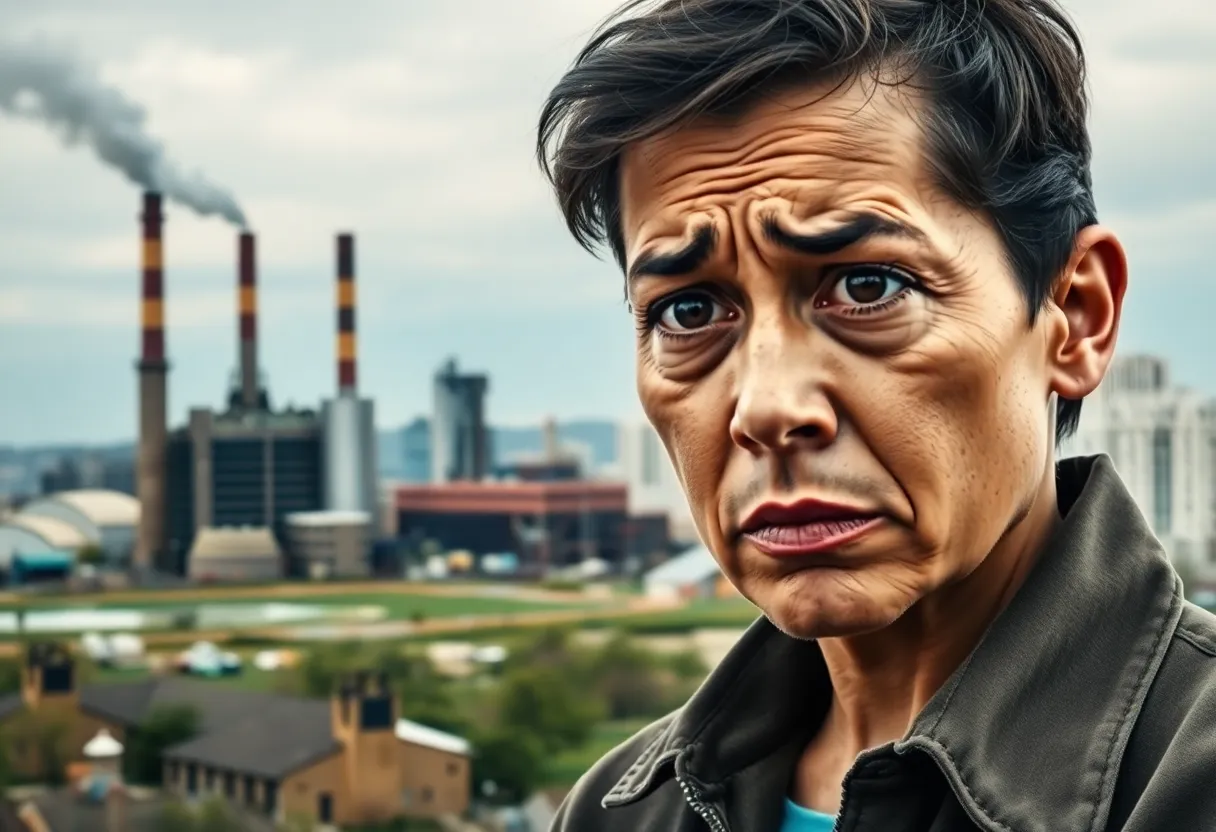 Symbolic representation of unemployment in Michigan with a factory and a concerned person.