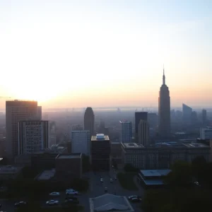 City skyline with a sunrise representing morning news broadcasts