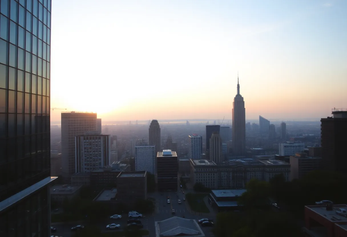 City skyline with a sunrise representing morning news broadcasts