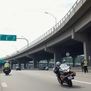 Emergency responders at a motorcycle crash site on a highway ramp