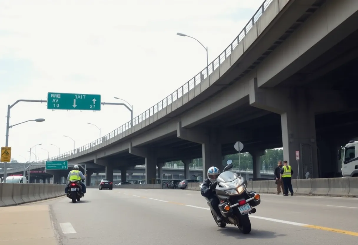 Emergency responders at a motorcycle crash site on a highway ramp