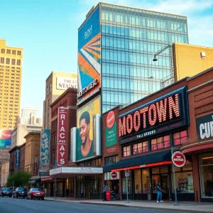 Urban landscape depicting cultural landmarks significant to Motown history