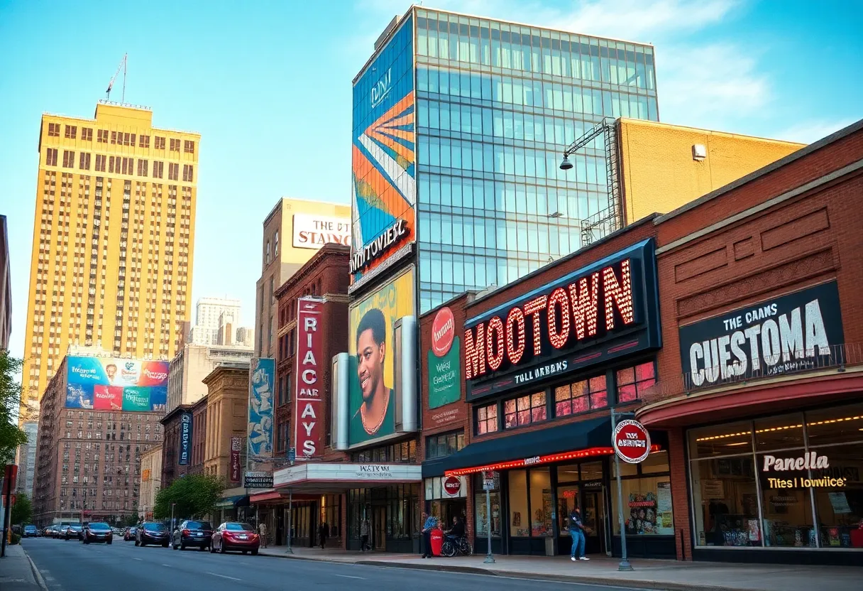 Urban landscape depicting cultural landmarks significant to Motown history